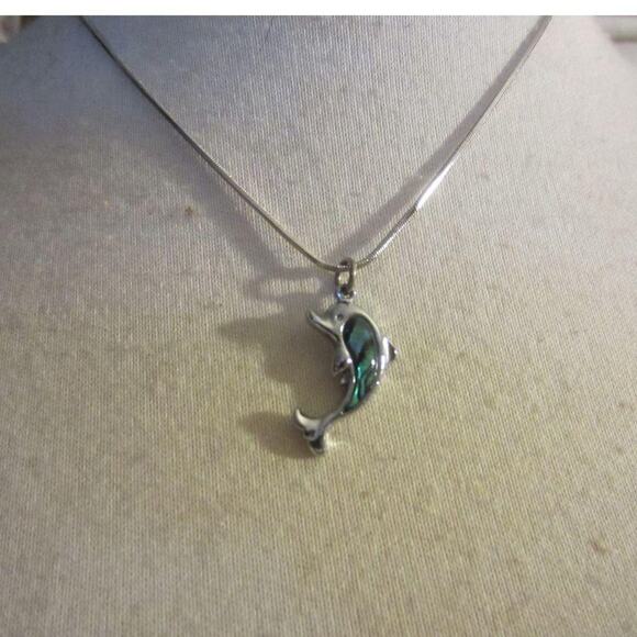 Silver Tone Dolphin Necklace Ocean Abalone Pendant Chain - Picture 2 of 13
